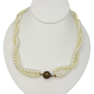 White & Beige Double Pearl Braided Gold Beaded layered Necklace 20”